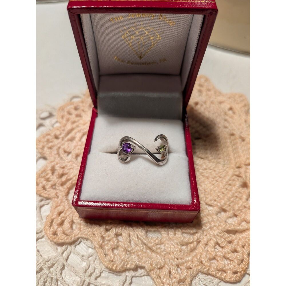 Vintage Open Sterling Silver Hearts Ring w/2 stones Personalized